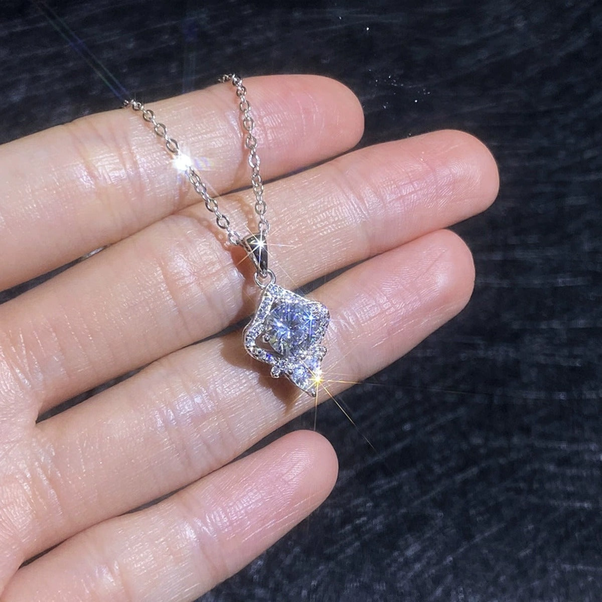 Rhombus Moissanite Pendant Necklace with Cubic Zirconia in White Gold-Plated S925 Sterling Silver close-up product detail view