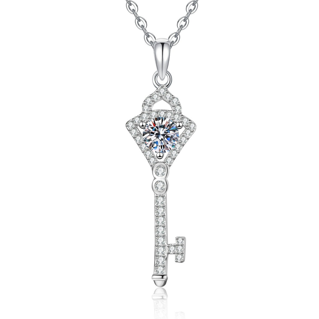 Round Moissanite Pendant Necklace with Cubic Zirconia in White Gold-Plated S925 Sterling Silver on clean white background showing the round moissanite pendant with cubic zirconia accent detail