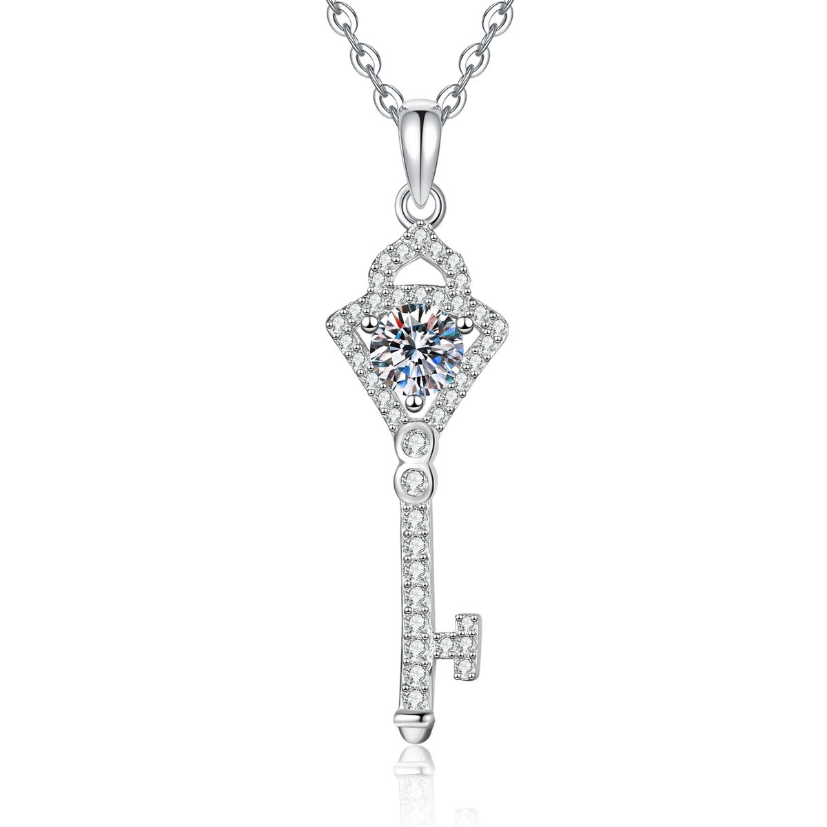 Round Moissanite Pendant Necklace with Cubic Zirconia in White Gold-Plated S925 Sterling Silver on clean white background showing the round moissanite pendant with cubic zirconia accent detail