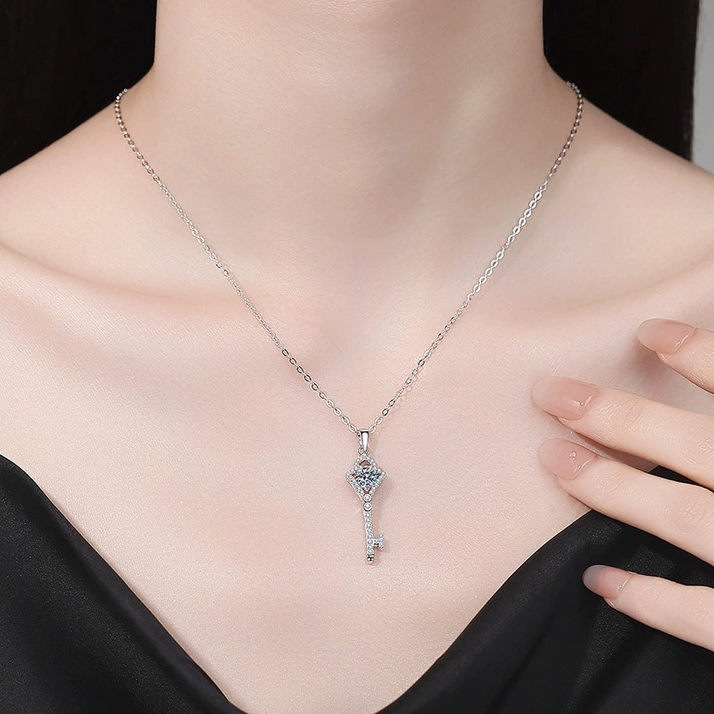 Round Moissanite Pendant Necklace with Cubic Zirconia in White Gold-Plated S925 Sterling Silver worn on neckline by model