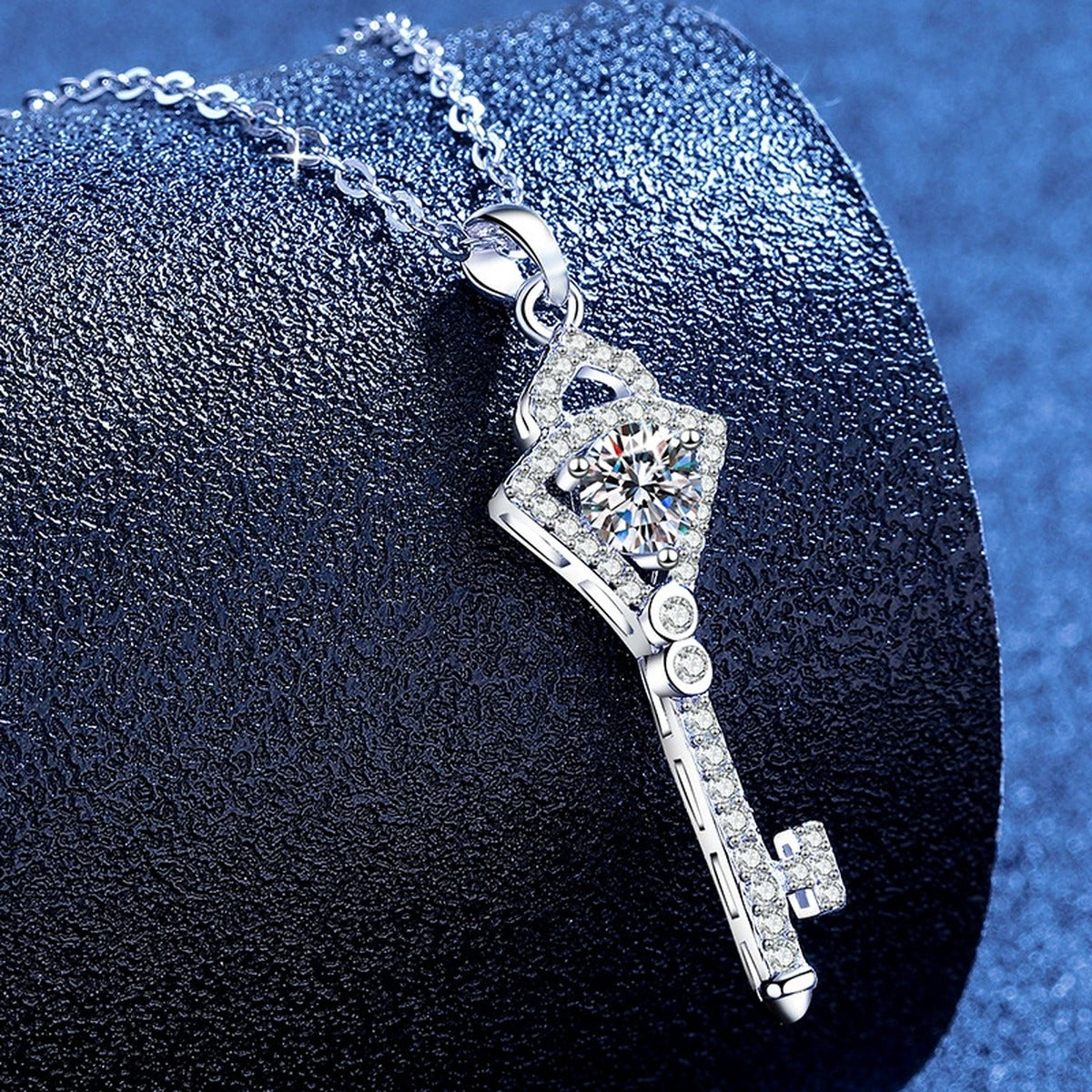 Round Moissanite Pendant Necklace with Cubic Zirconia in White Gold-Plated S925 Sterling Silver blue background product view