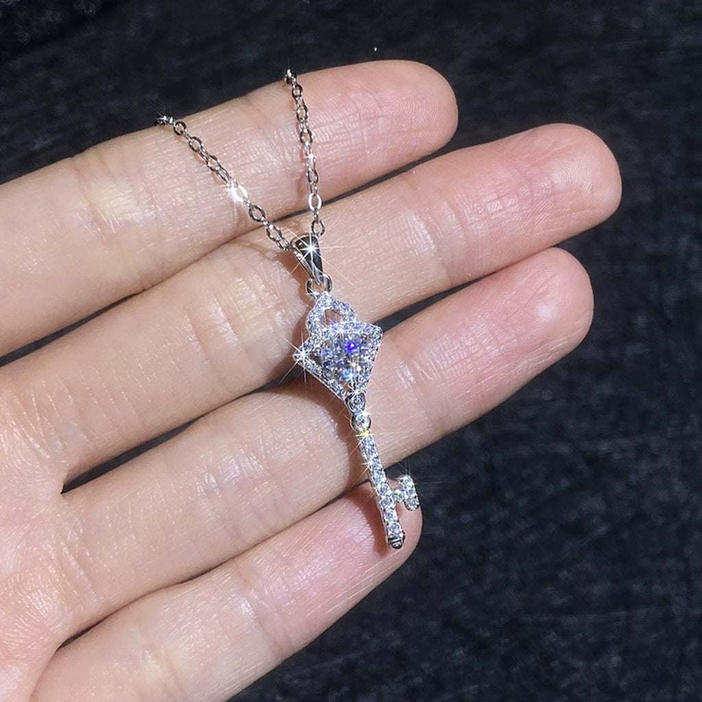 Round Moissanite Pendant Necklace with Cubic Zirconia in White Gold-Plated S925 Sterling Silver close-up product detail view