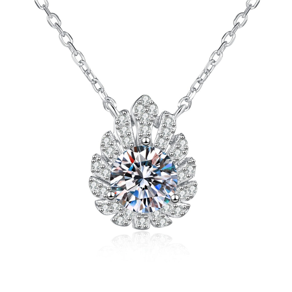 Floral Moissanite Pendant Necklace with Cubic Zirconia in White Gold-Plated S925 Sterling Silver on clean white background showing the floral pendant with a round moissanite center and cubic zirconia detail