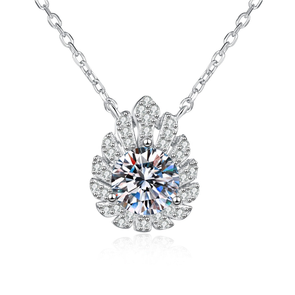 Floral Moissanite Pendant Necklace with Cubic Zirconia in White Gold-Plated S925 Sterling Silver on clean white background showing the floral pendant with a round moissanite center and cubic zirconia detail