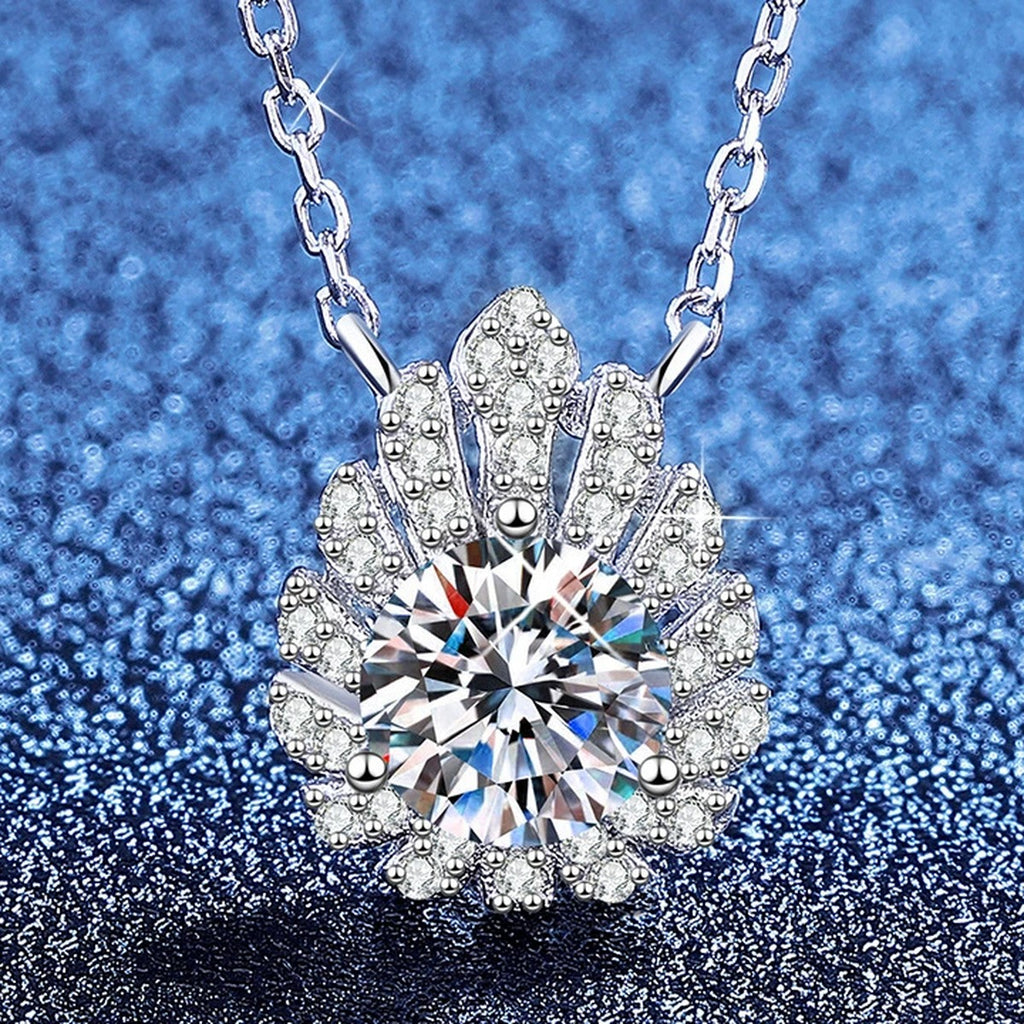 Floral Moissanite Pendant Necklace with Cubic Zirconia in White Gold-Plated S925 Sterling Silver blue background product view