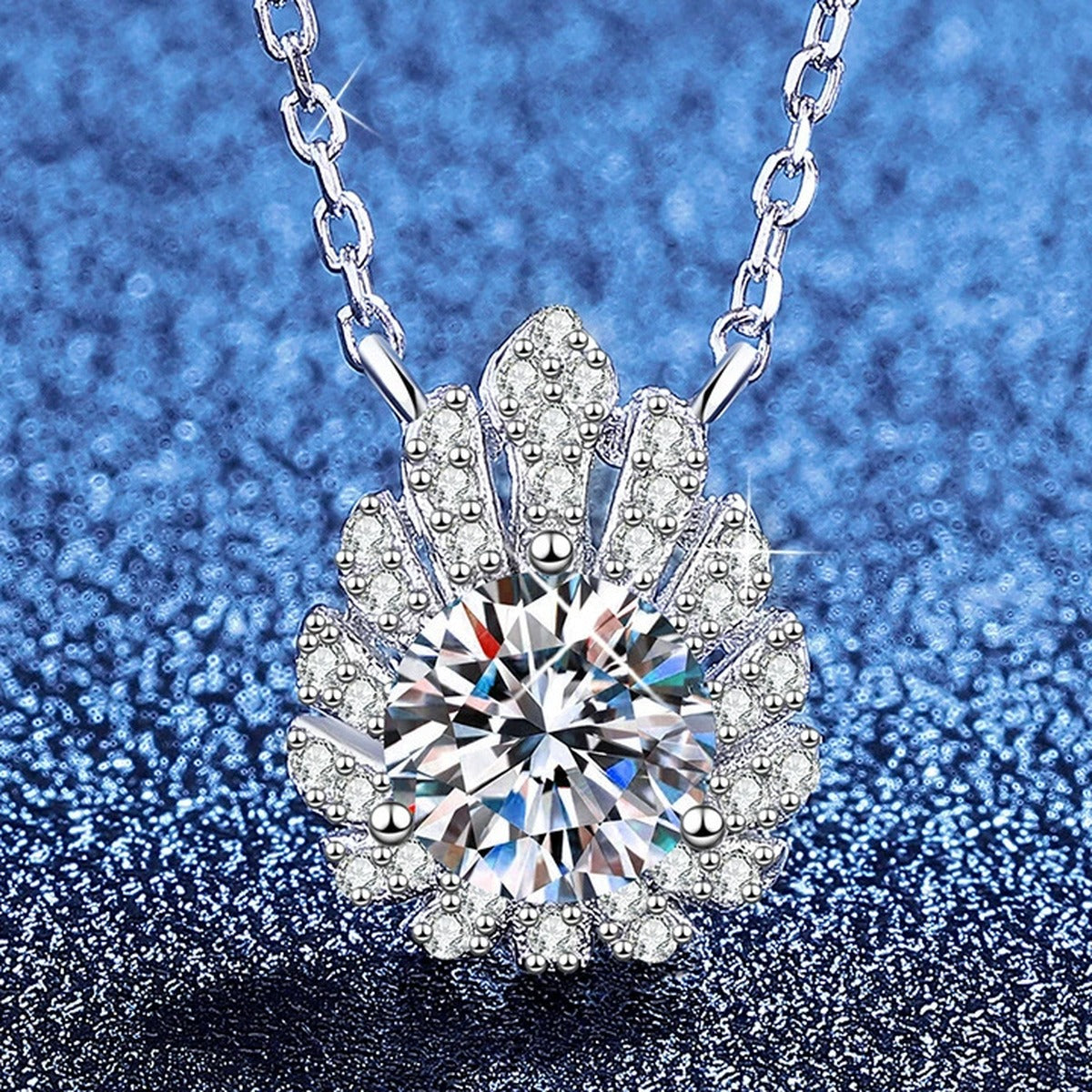 Floral Moissanite Pendant Necklace with Cubic Zirconia in White Gold-Plated S925 Sterling Silver blue background product view