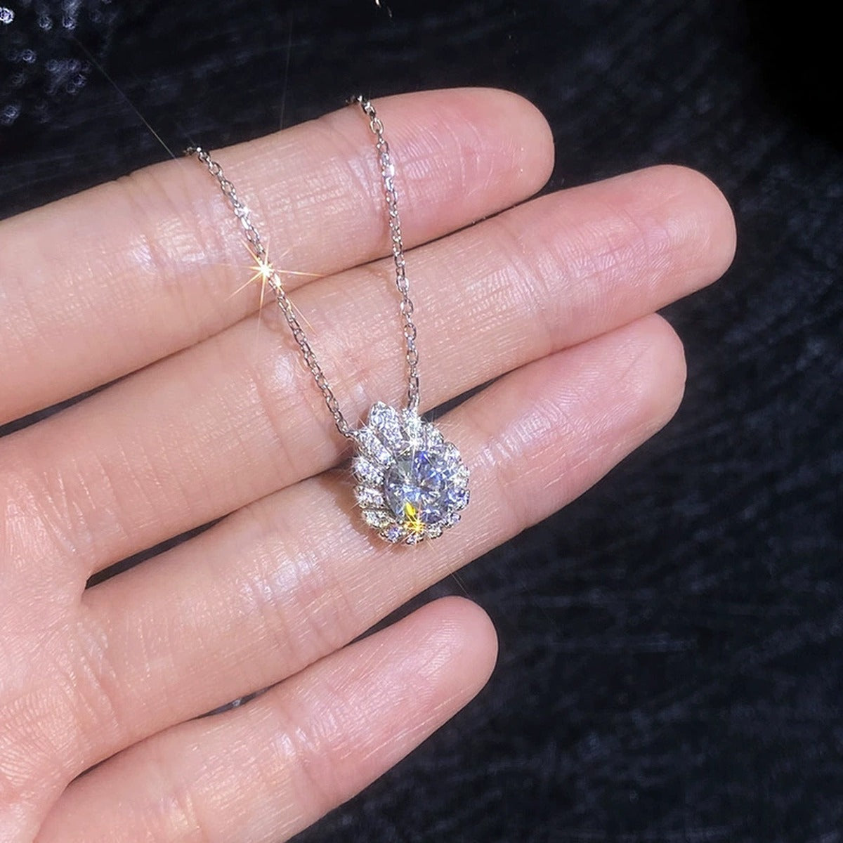 Floral Moissanite Pendant Necklace with Cubic Zirconia in White Gold-Plated S925 Sterling Silver close-up product detail view