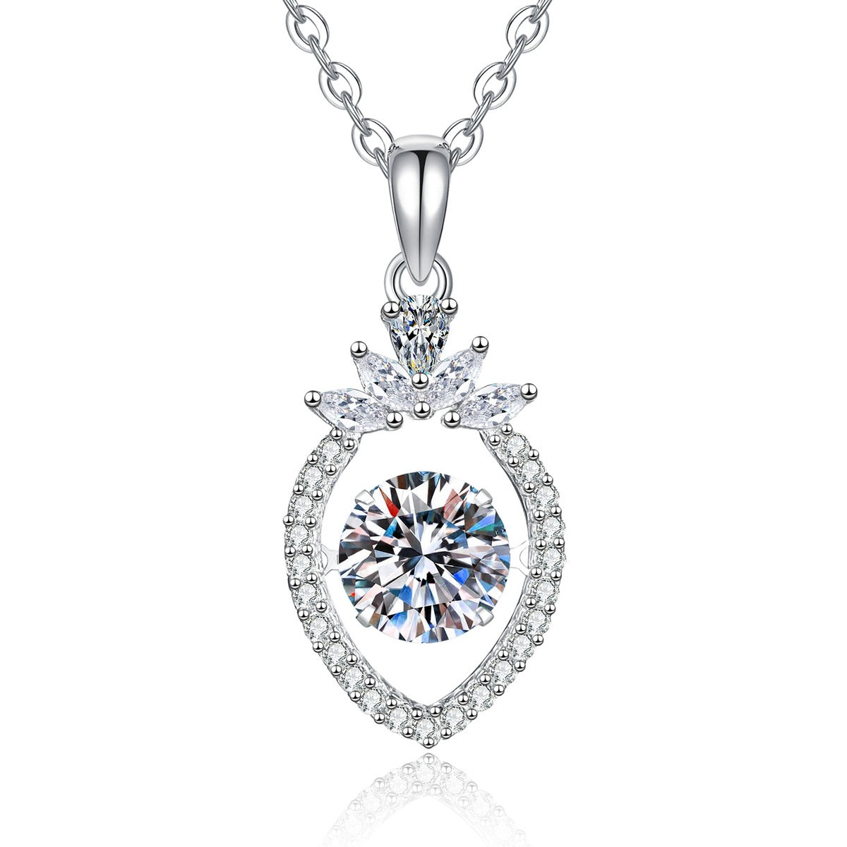 Round Moissanite Pendant Necklace with Cubic Zirconia in White Gold-Plated S925 Sterling Silver on clean white background showing the round moissanite pendant with a slim cubic zirconia accent