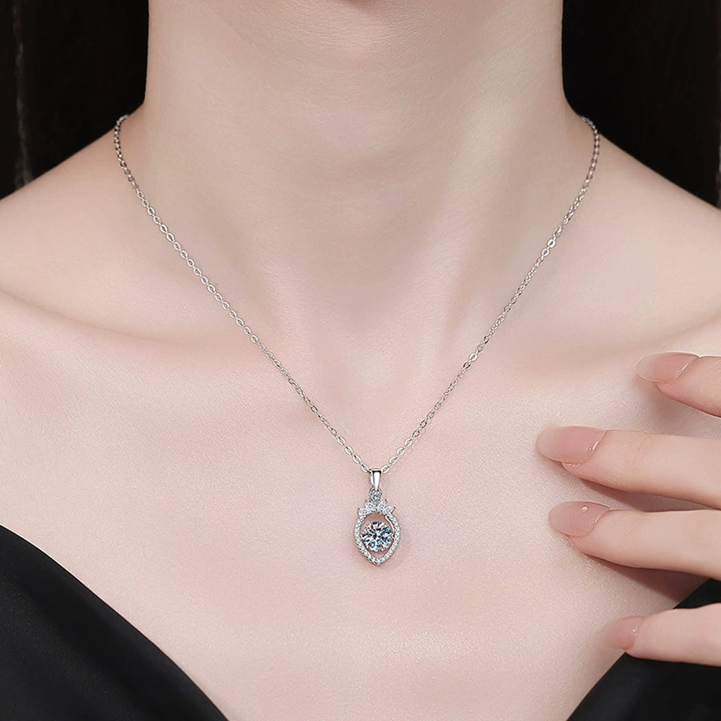 Round Moissanite Pendant Necklace with Cubic Zirconia in White Gold-Plated S925 Sterling Silver worn on neckline by model