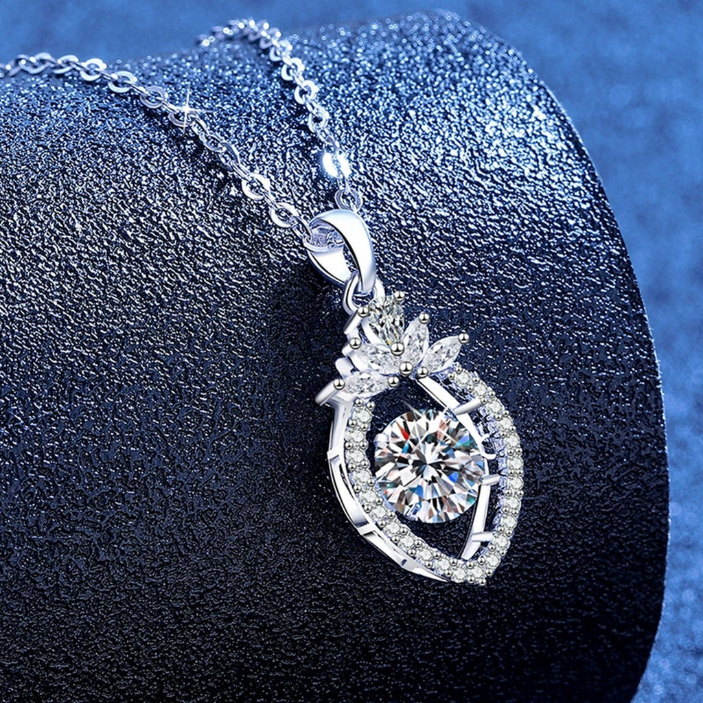 Round Moissanite Pendant Necklace with Cubic Zirconia in White Gold-Plated S925 Sterling Silver blue background product view