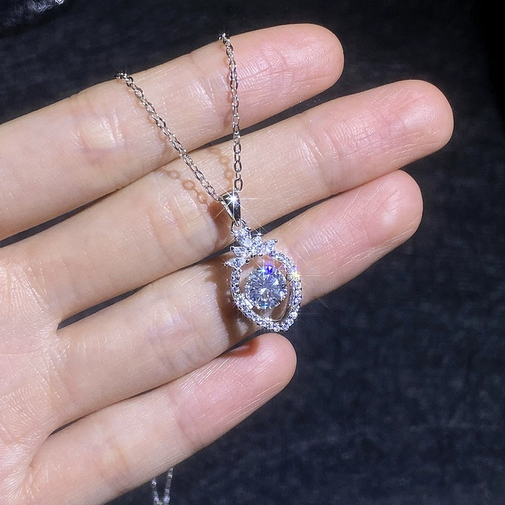 Round Moissanite Pendant Necklace with Cubic Zirconia in White Gold-Plated S925 Sterling Silver close-up product detail view
