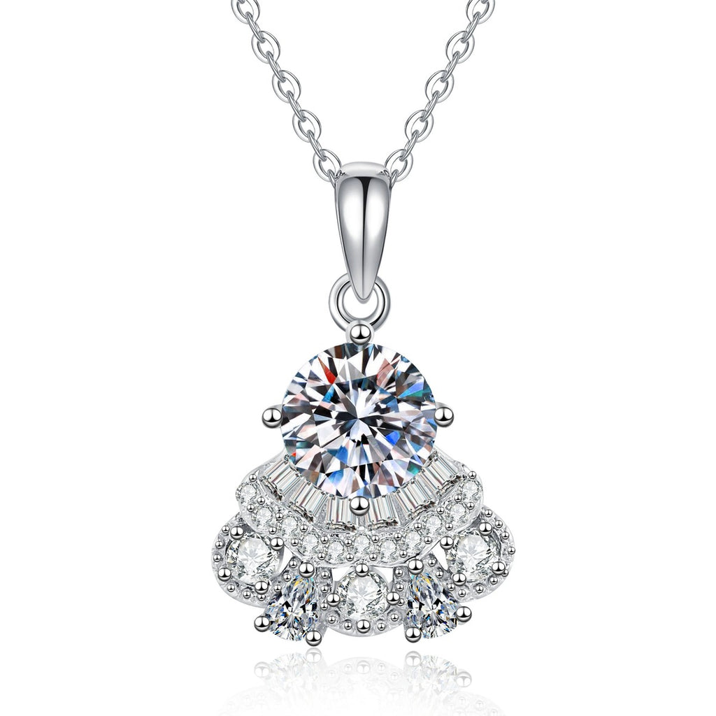 Round Moissanite Pendant Necklace with Cubic Zirconia in White Gold-Plated S925 Sterling Silver on clean white background showing the round moissanite pendant with cubic zirconia framed detail