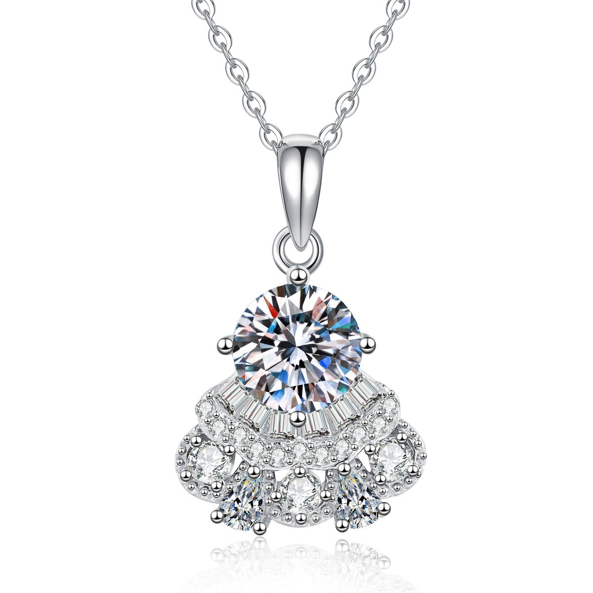 Round Moissanite Pendant Necklace with Cubic Zirconia in White Gold-Plated S925 Sterling Silver on clean white background showing the round moissanite pendant with cubic zirconia framed detail