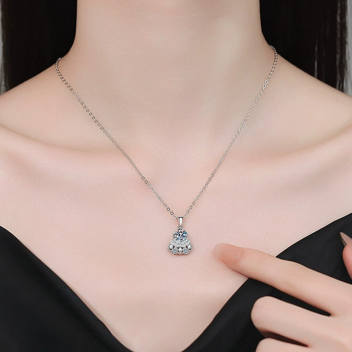 Round Moissanite Pendant Necklace with Cubic Zirconia in White Gold-Plated S925 Sterling Silver worn on neckline by model