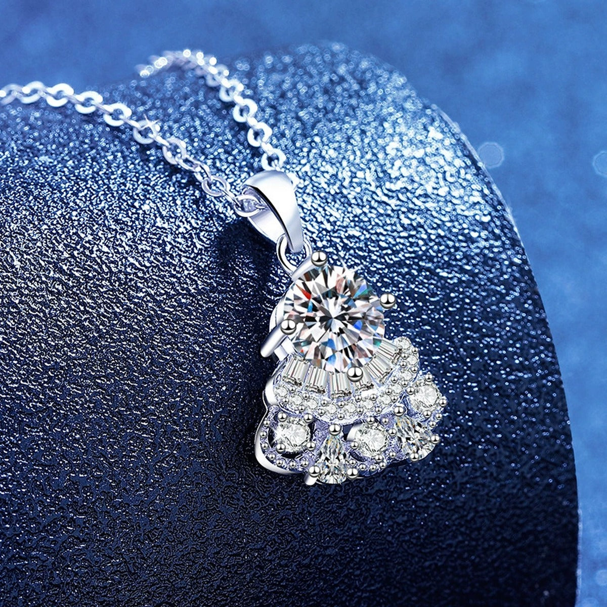 Round Moissanite Pendant Necklace with Cubic Zirconia in White Gold-Plated S925 Sterling Silver blue background product view