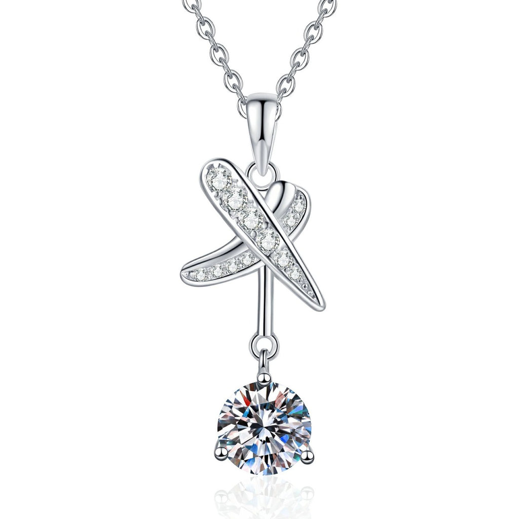 Platinum-plated S925 sterling silver dragonfly round moissanite pendant necklace on white background