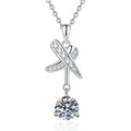 Platinum-plated S925 sterling silver dragonfly round moissanite pendant necklace on white background