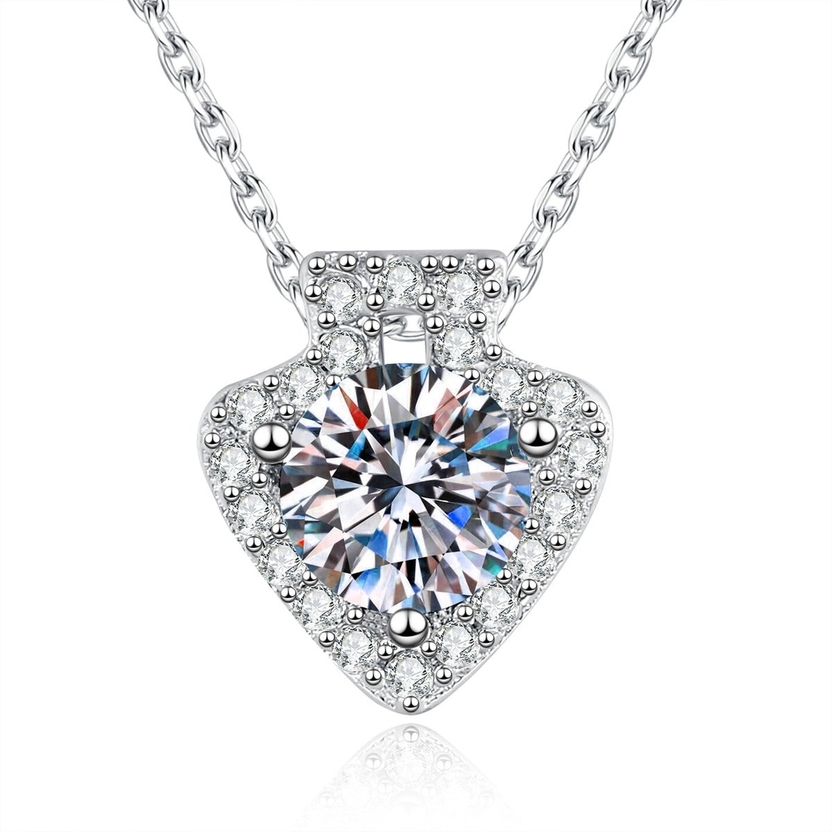 Platinum-plated S925 sterling silver heart round moissanite pendant necklace on white background