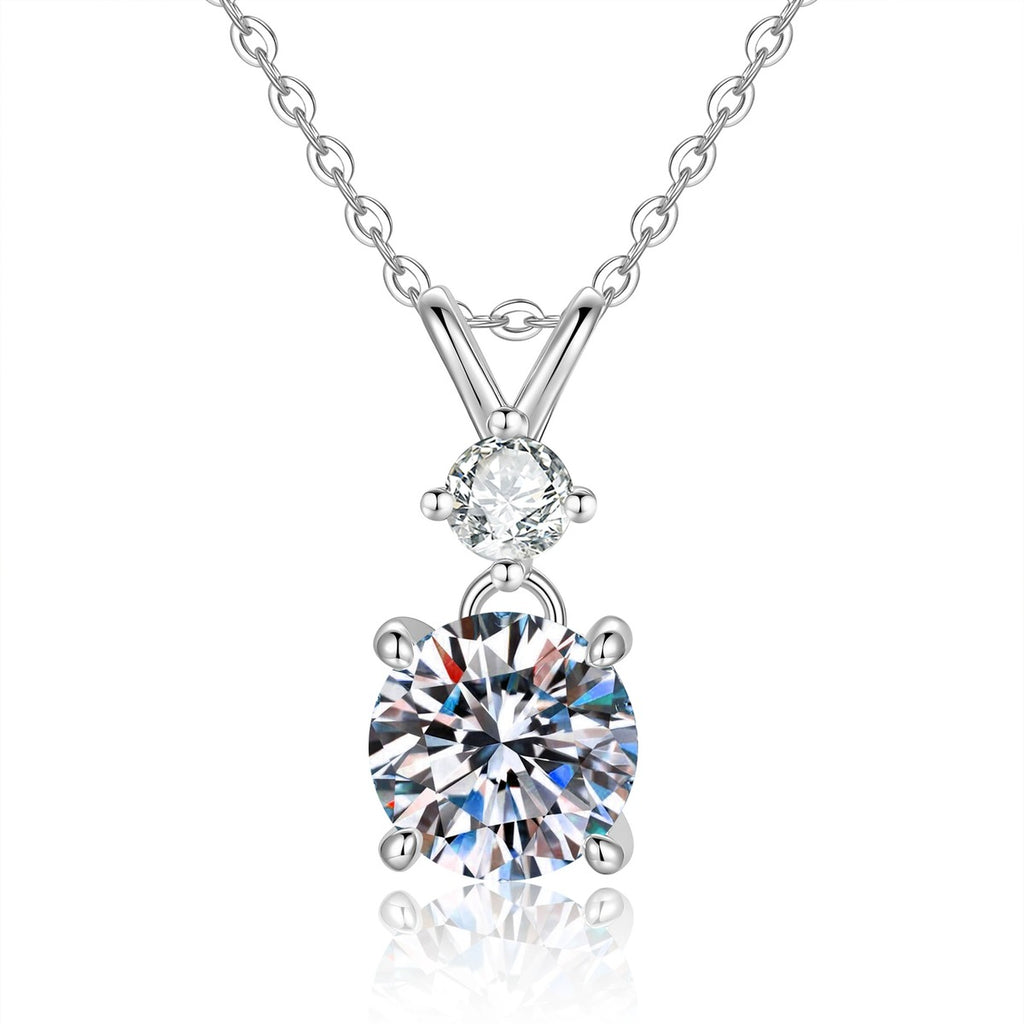 Two-Stone Moissanite Pendant Necklace in S925 Sterling Silver on clean white background showing the two-stone pendant with a smaller accent stone above the main round moissanite