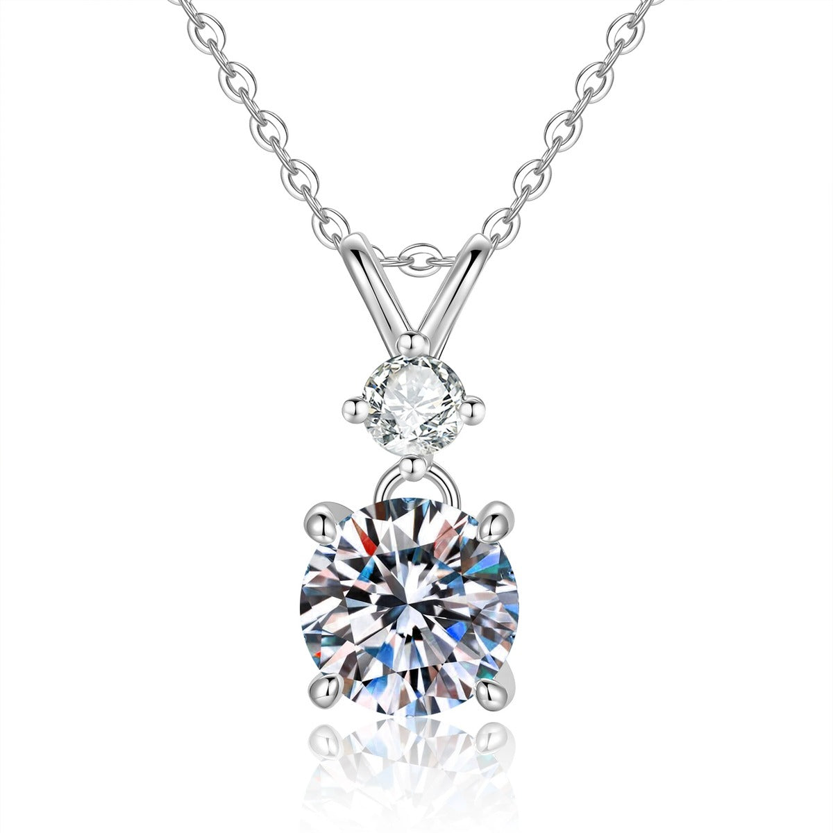 Two-Stone Moissanite Pendant Necklace in S925 Sterling Silver on clean white background showing the two-stone pendant with a smaller accent stone above the main round moissanite