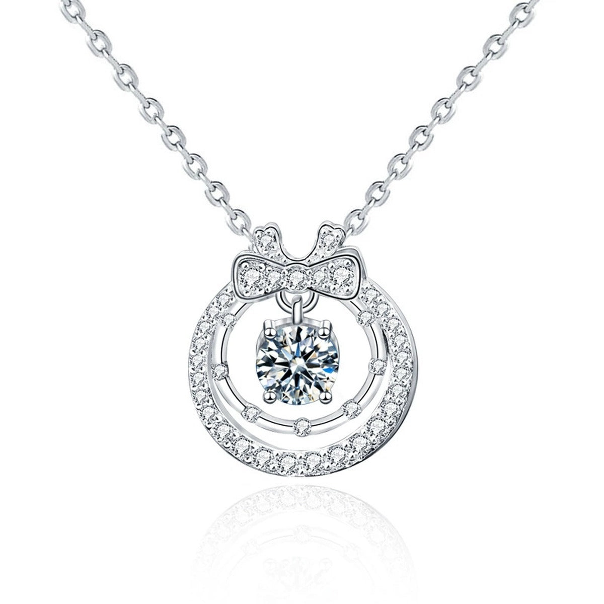 Bow Round Moissanite Necklace with CZ in White Gold-Plated S925 sterling silver white background product photo showing bow-inspired pendant with a moving round moissanite center and CZ frame