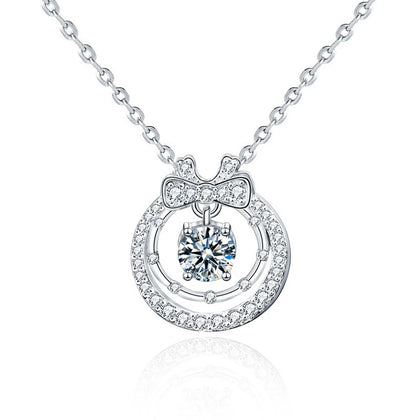 Bow Round Moissanite Necklace with CZ in White Gold-Plated S925 sterling silver white background product photo showing bow-inspired pendant with a moving round moissanite center and CZ frame