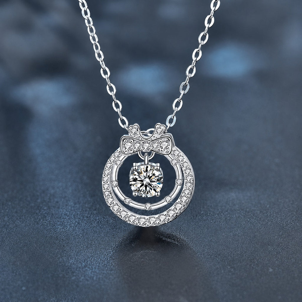 Bow Round Moissanite Necklace with CZ in White Gold-Plated S925 sterling silver close-up product scene showing pendant setting