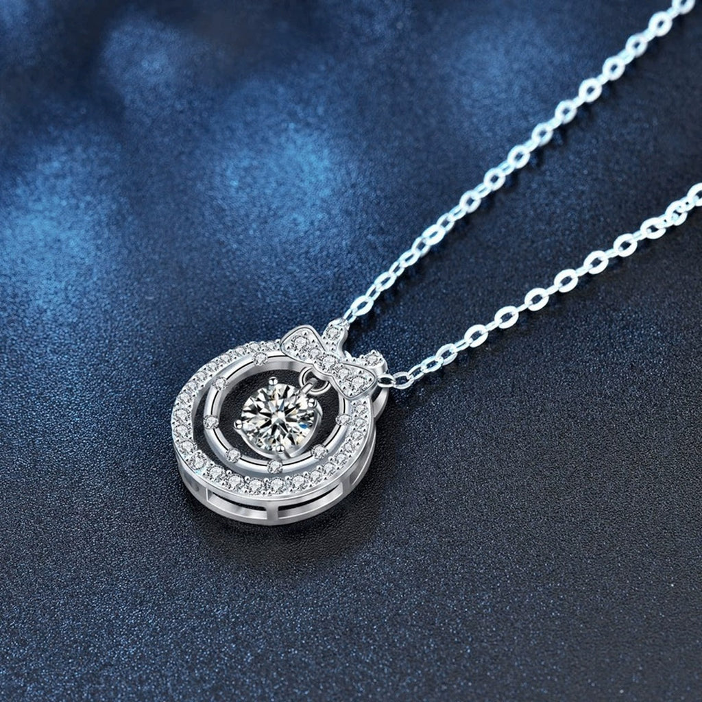 Bow Round Moissanite Necklace with CZ in White Gold-Plated S925 sterling silver blue display scene showing chain and stone layout