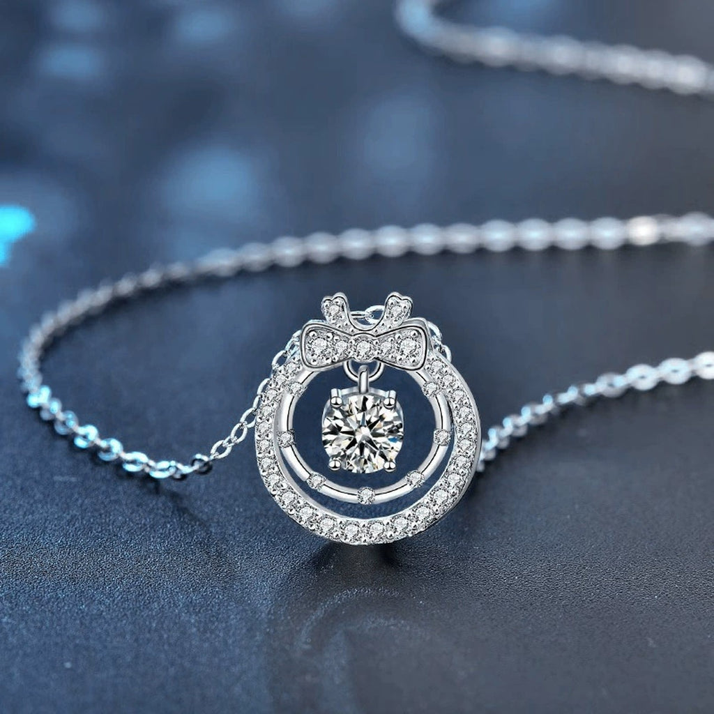 Bow Round Moissanite Necklace with CZ in White Gold-Plated S925 sterling silver angled product detail view
