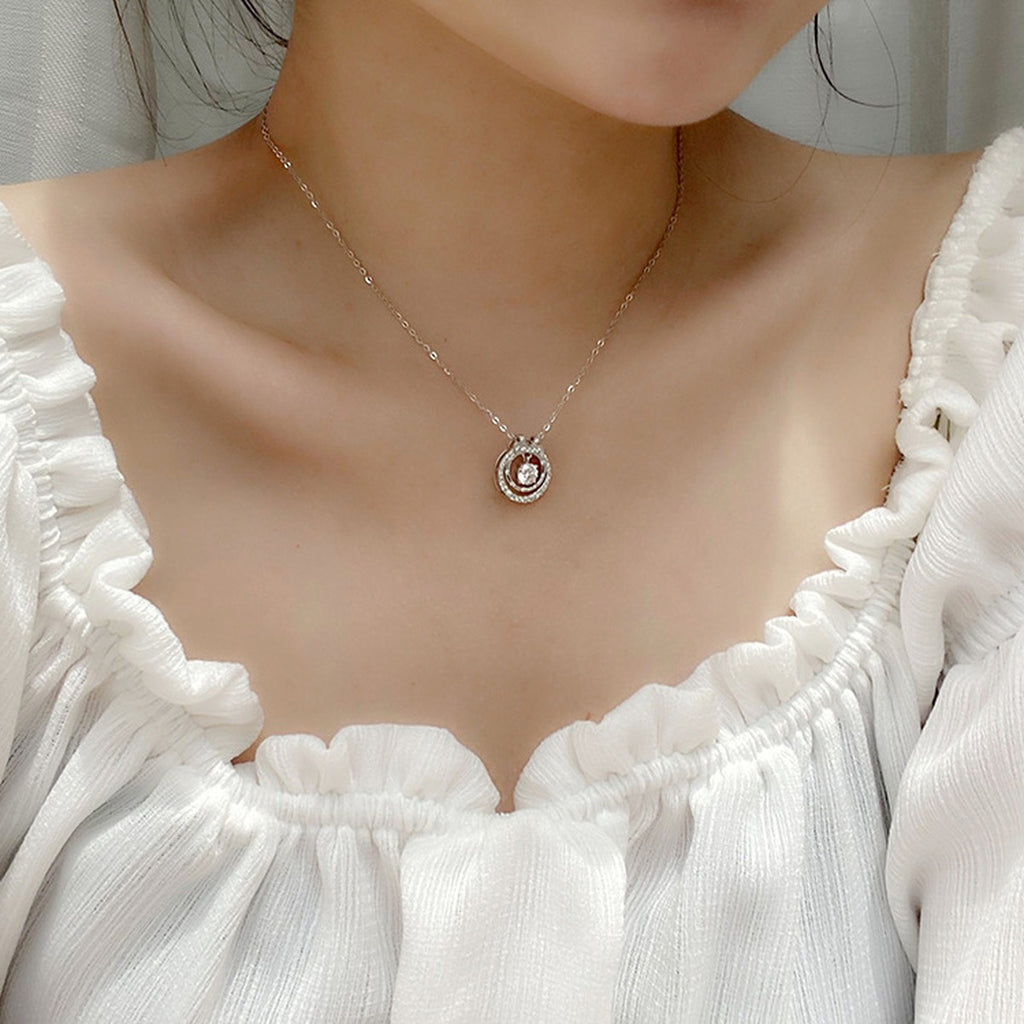 Bow Round Moissanite Necklace with CZ in White Gold-Plated S925 sterling silver neckline model view showing pendant scale and chain length
