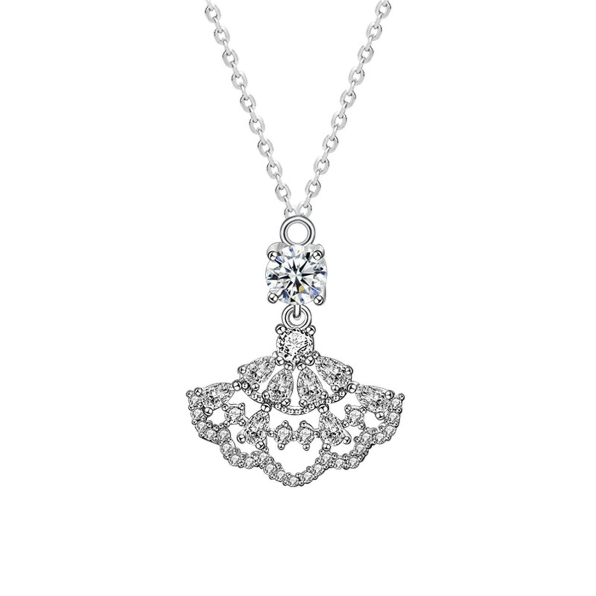 Dress Round Moissanite Necklace with CZ in White Gold-Plated S925 sterling silver white background product photo showing dress pendant with a round moissanite center and CZ skirt detail