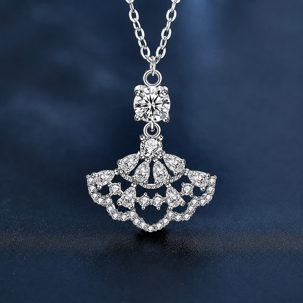 Dress Round Moissanite Necklace with CZ in White Gold-Plated S925 sterling silver close-up product scene showing pendant setting