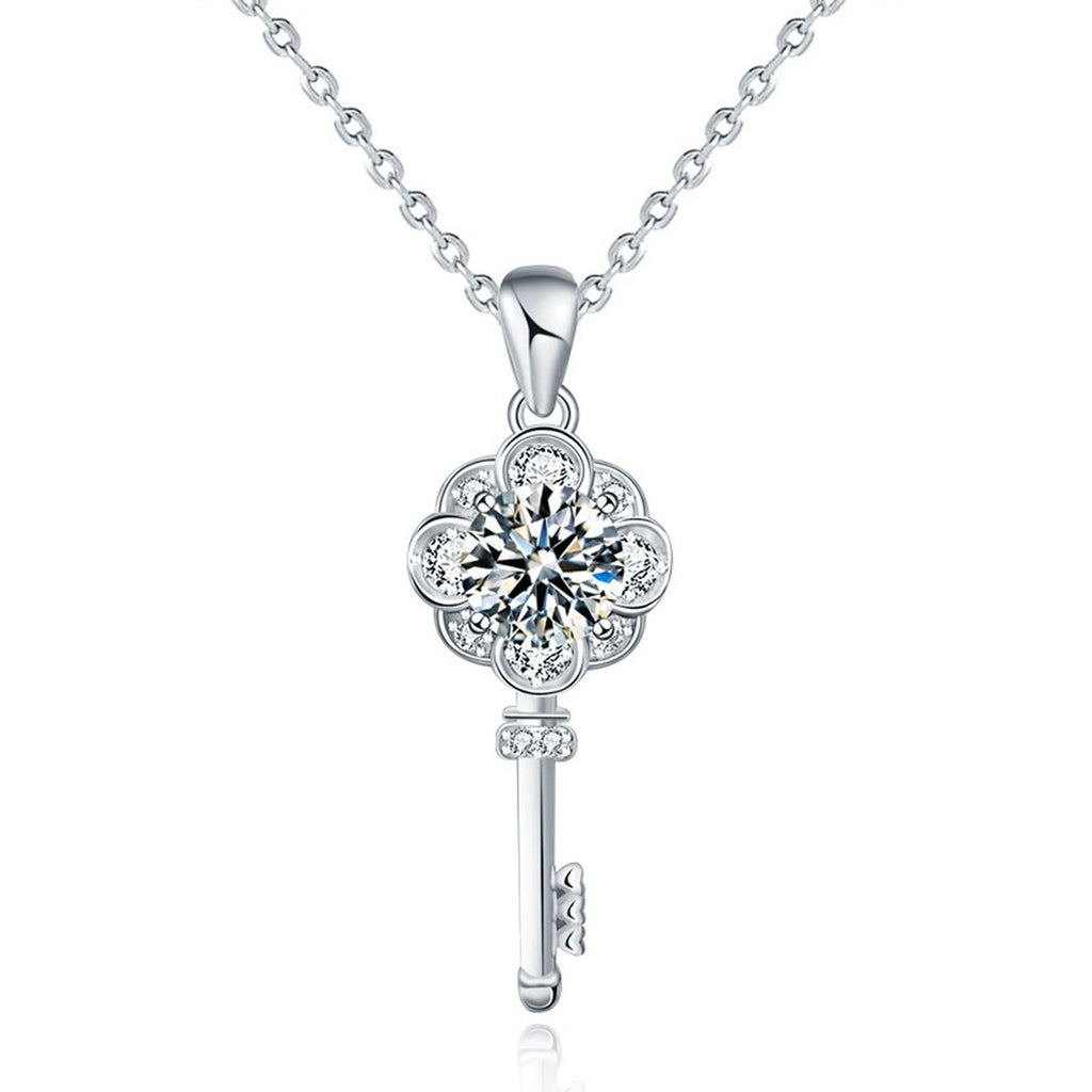 Flower Key Round Moissanite Necklace with CZ in White Gold-Plated S925 sterling silver white background product photo showing flower key pendant with round moissanite center and CZ petals