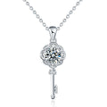 Flower Key Round Moissanite Necklace with CZ in White Gold-Plated S925 sterling silver white background product photo showing flower key pendant with round moissanite center and CZ petals