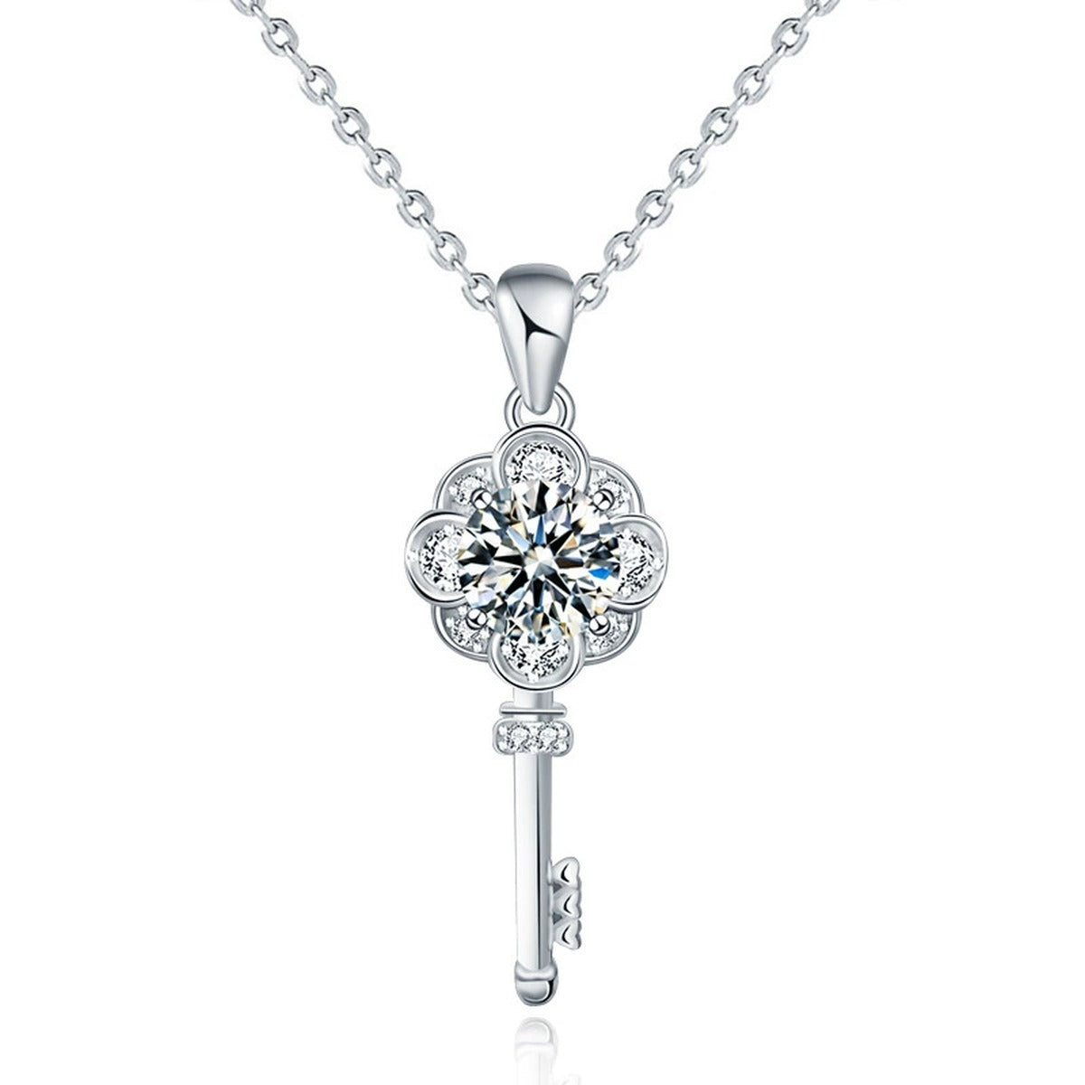 Flower Key Round Moissanite Necklace with CZ in White Gold-Plated S925 sterling silver white background product photo showing flower key pendant with round moissanite center and CZ petals