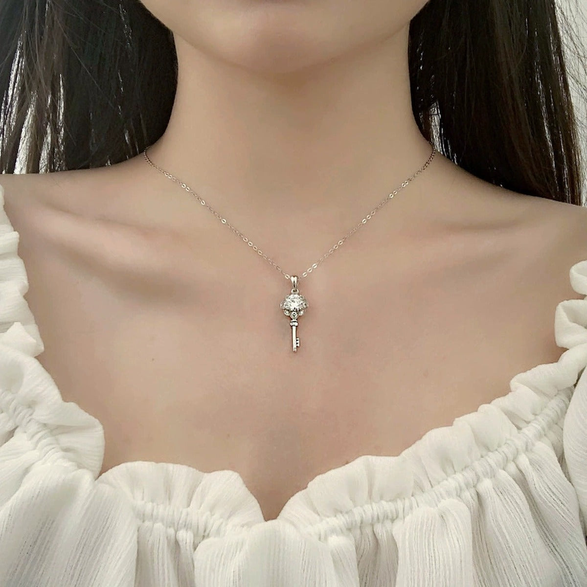 Flower Key Round Moissanite Necklace with CZ in White Gold-Plated S925 sterling silver neckline model view showing pendant scale and chain length