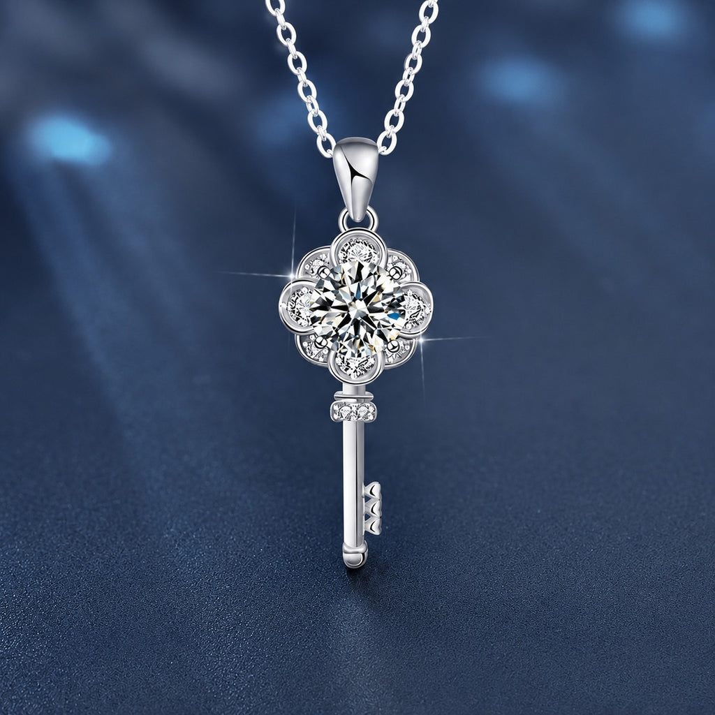 Flower Key Round Moissanite Necklace with CZ in White Gold-Plated S925 sterling silver close-up product scene showing pendant setting