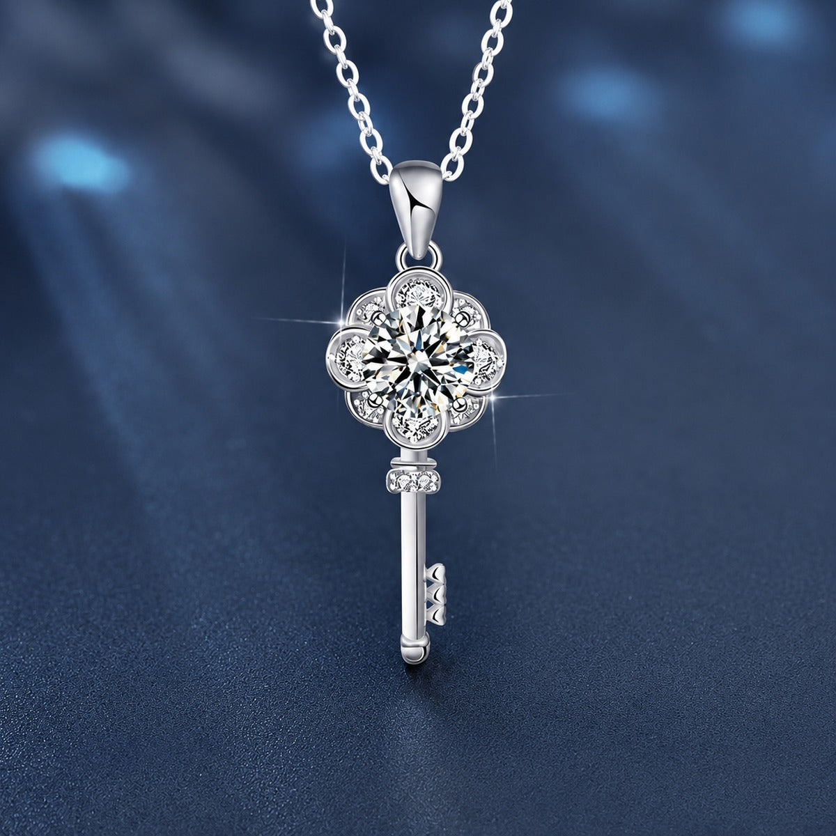 Flower Key Round Moissanite Necklace with CZ in White Gold-Plated S925 sterling silver close-up product scene showing pendant setting