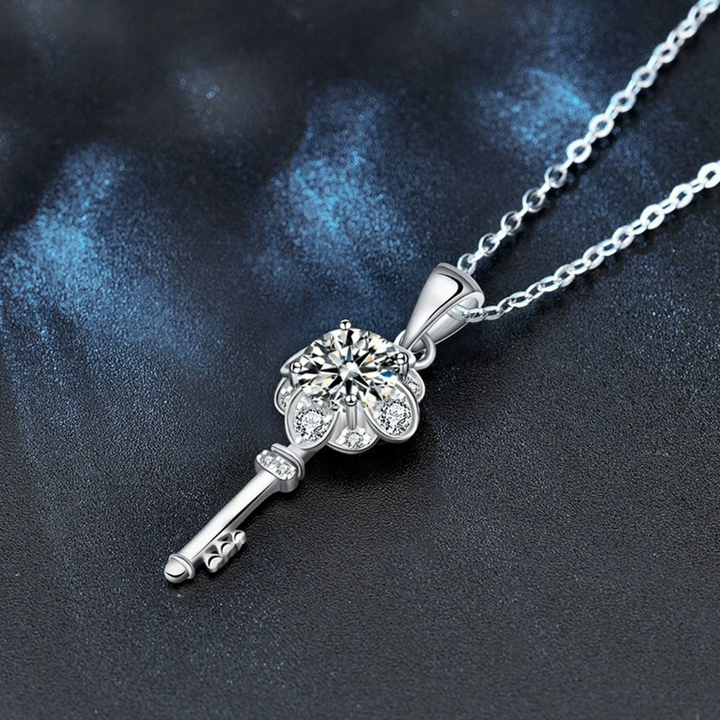 Flower Key Round Moissanite Necklace with CZ in White Gold-Plated S925 sterling silver blue display scene showing chain and stone layout