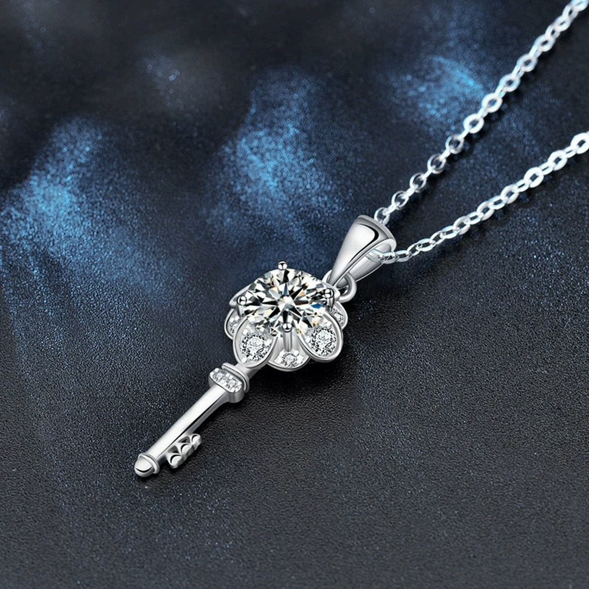 Flower Key Round Moissanite Necklace with CZ in White Gold-Plated S925 sterling silver blue display scene showing chain and stone layout