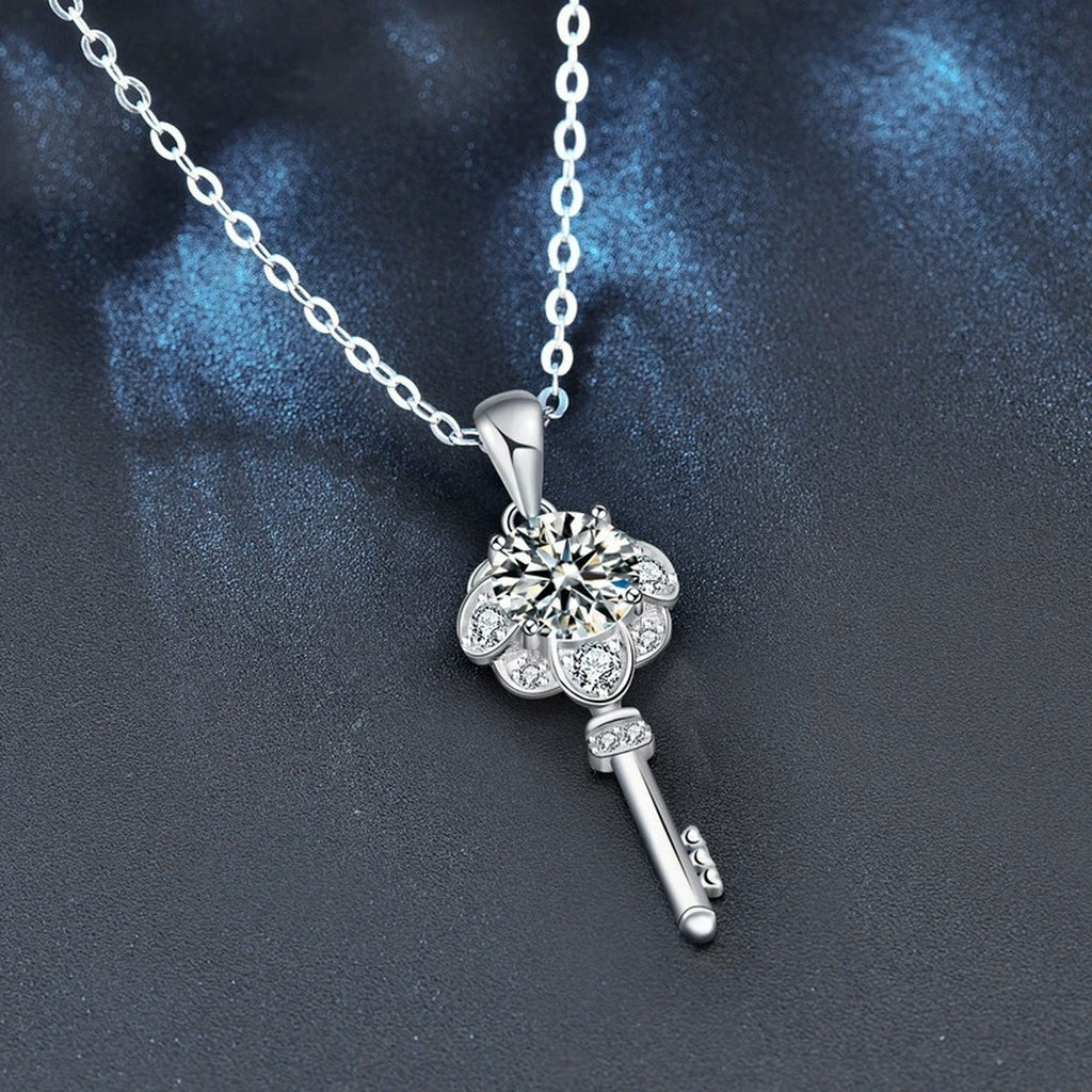Flower Key Round Moissanite Necklace with CZ in White Gold-Plated S925 sterling silver angled product detail view