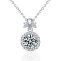 Bowknot Halo Round Moissanite Necklace with CZ in White Gold-Plated S925 sterling silver white background front product view showing sculpted bowknot pendant framing a round moissanite in a delicate halo