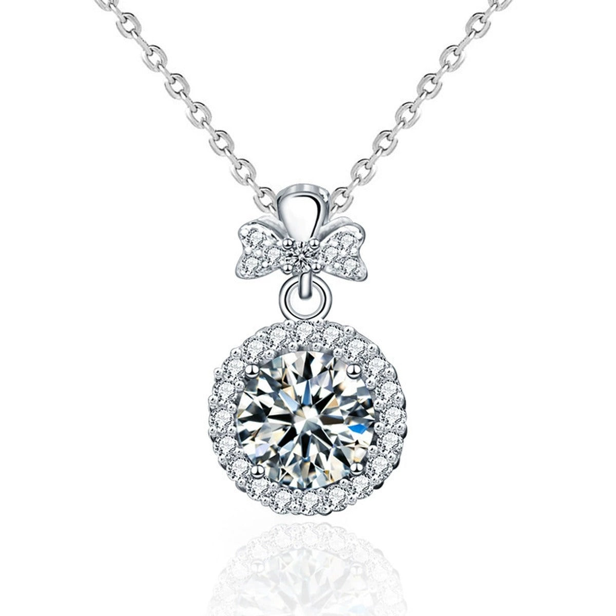Bowknot Halo Round Moissanite Necklace with CZ in White Gold-Plated S925 sterling silver white background front product view showing sculpted bowknot pendant framing a round moissanite in a delicate halo
