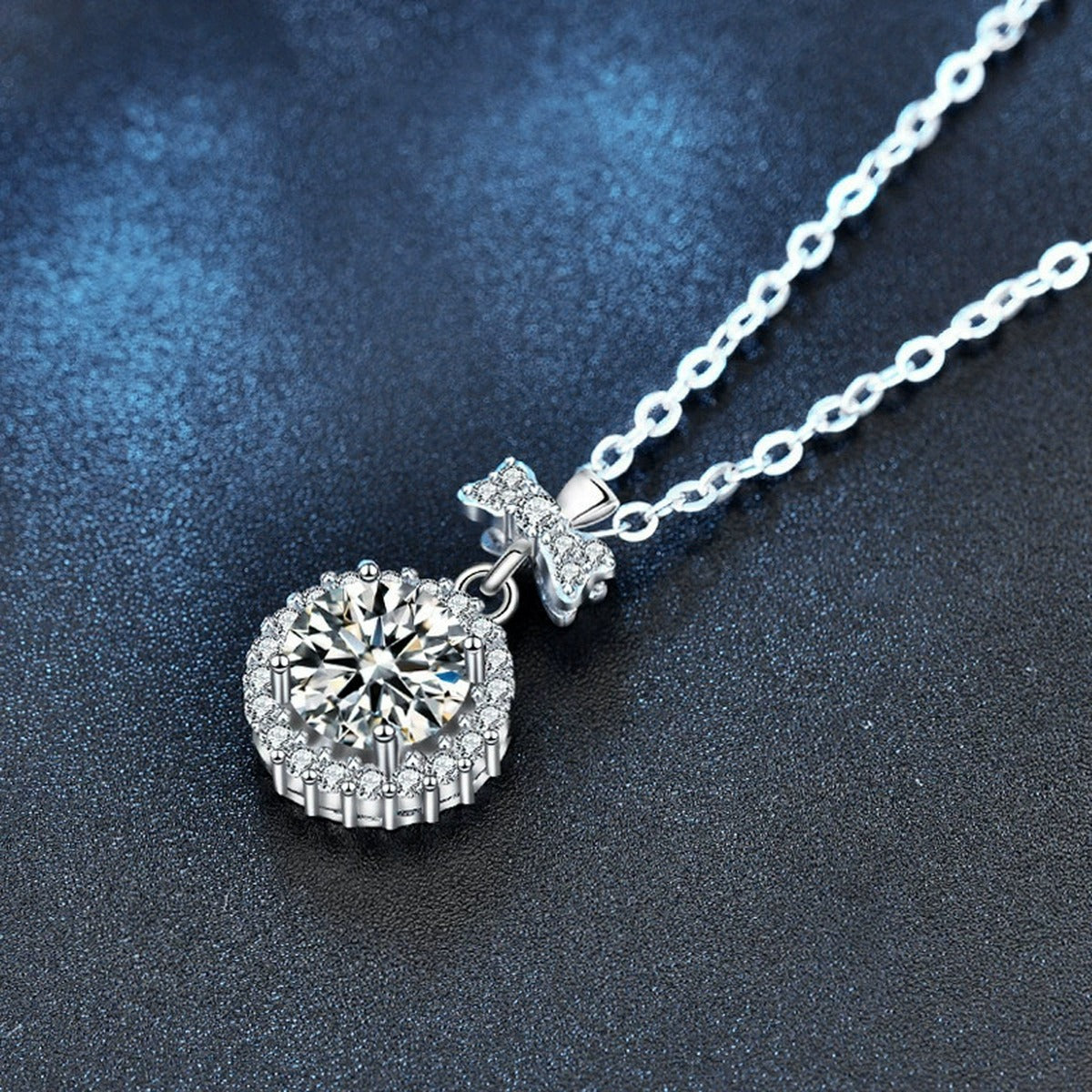 Bowknot Halo Round Moissanite Necklace with CZ in White Gold-Plated S925 sterling silver angled product detail view