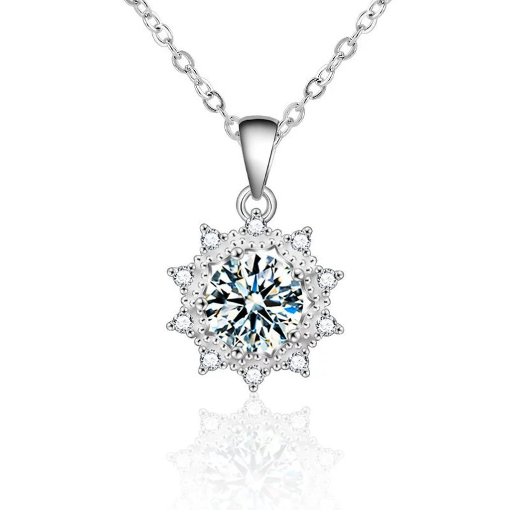 Sunflower Round Moissanite Necklace with CZ in White Gold-Plated S925 sterling silver white background product photo showing sunflower pendant with round moissanite center options and CZ petals