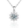 Sunflower Round Moissanite Necklace with CZ in White Gold-Plated S925 sterling silver white background product photo showing sunflower pendant with round moissanite center options and CZ petals