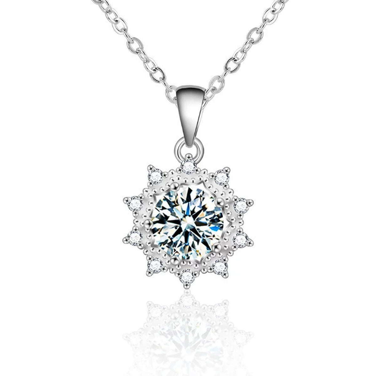 Sunflower Round Moissanite Necklace with CZ in White Gold-Plated S925 sterling silver white background product photo showing sunflower pendant with round moissanite center options and CZ petals