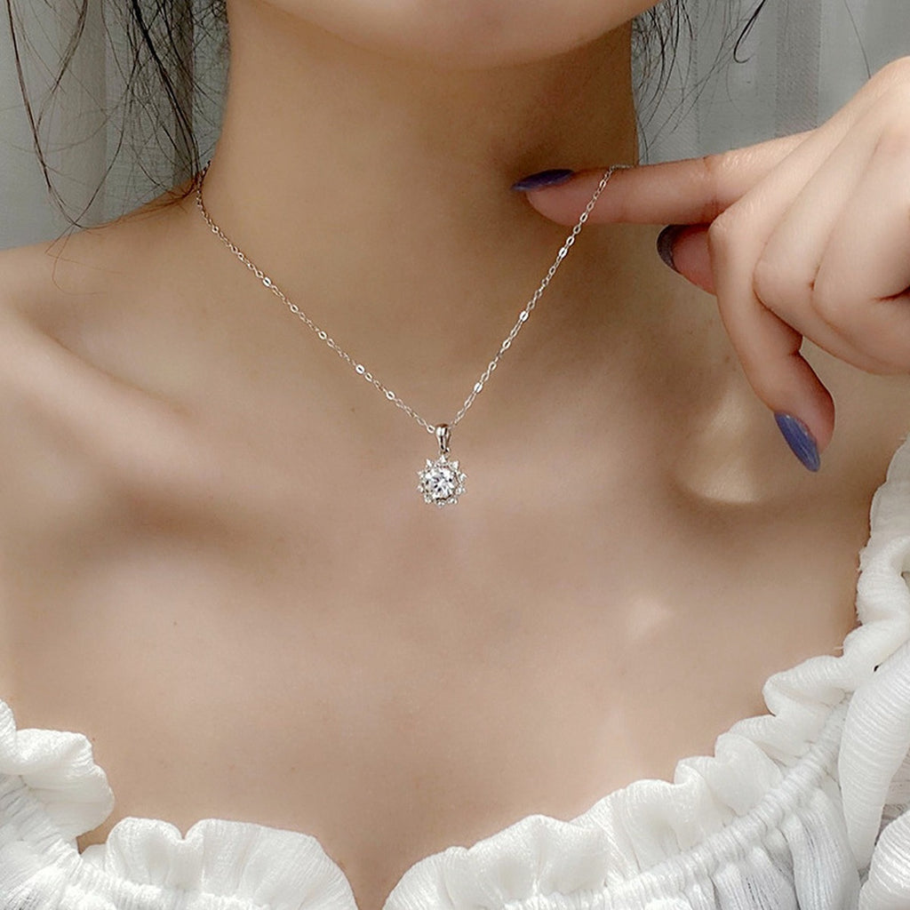 Sunflower Round Moissanite Necklace with CZ in White Gold-Plated S925 sterling silver neckline model view showing pendant scale and chain length