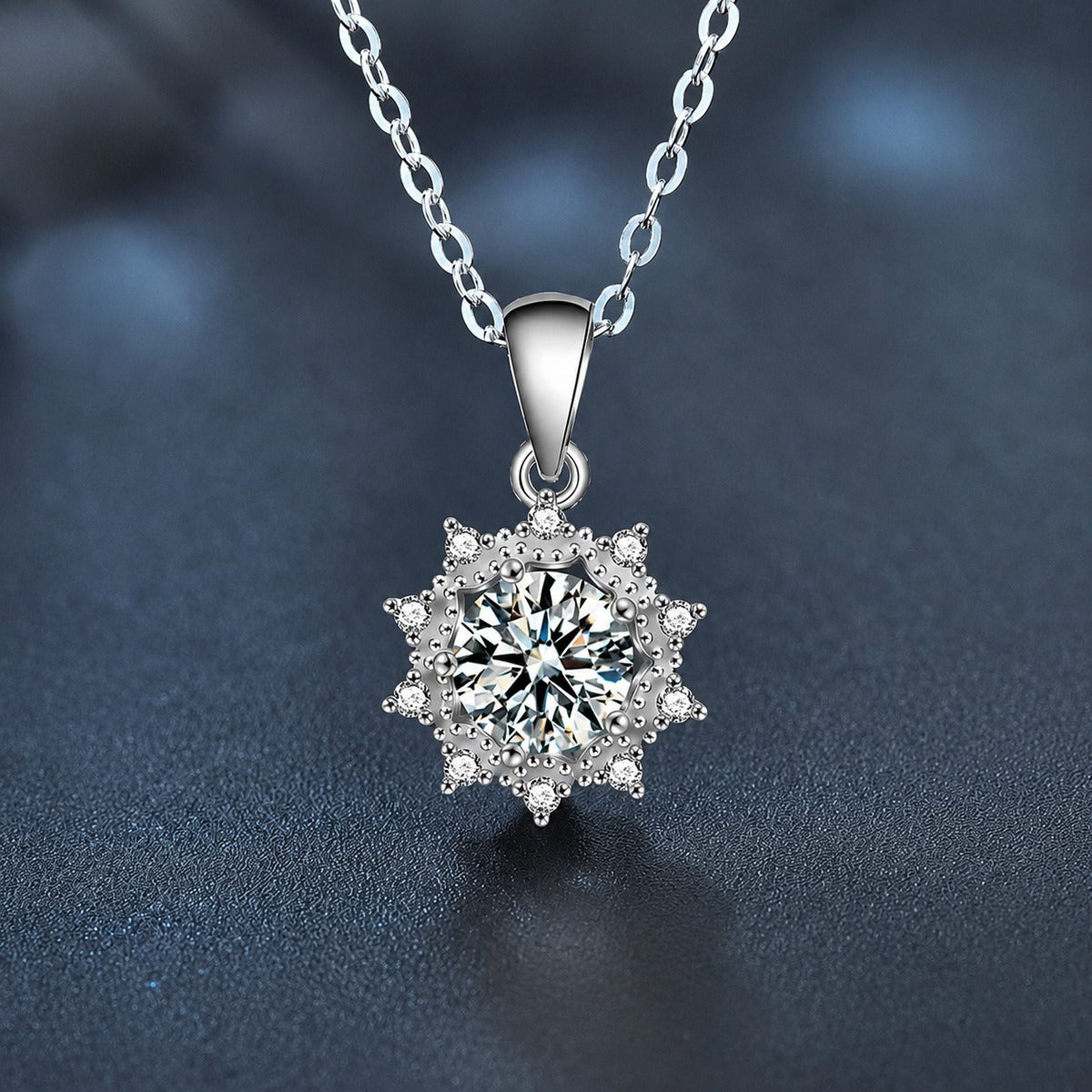 Sunflower Round Moissanite Necklace with CZ in White Gold-Plated S925 sterling silver close-up product scene showing pendant setting