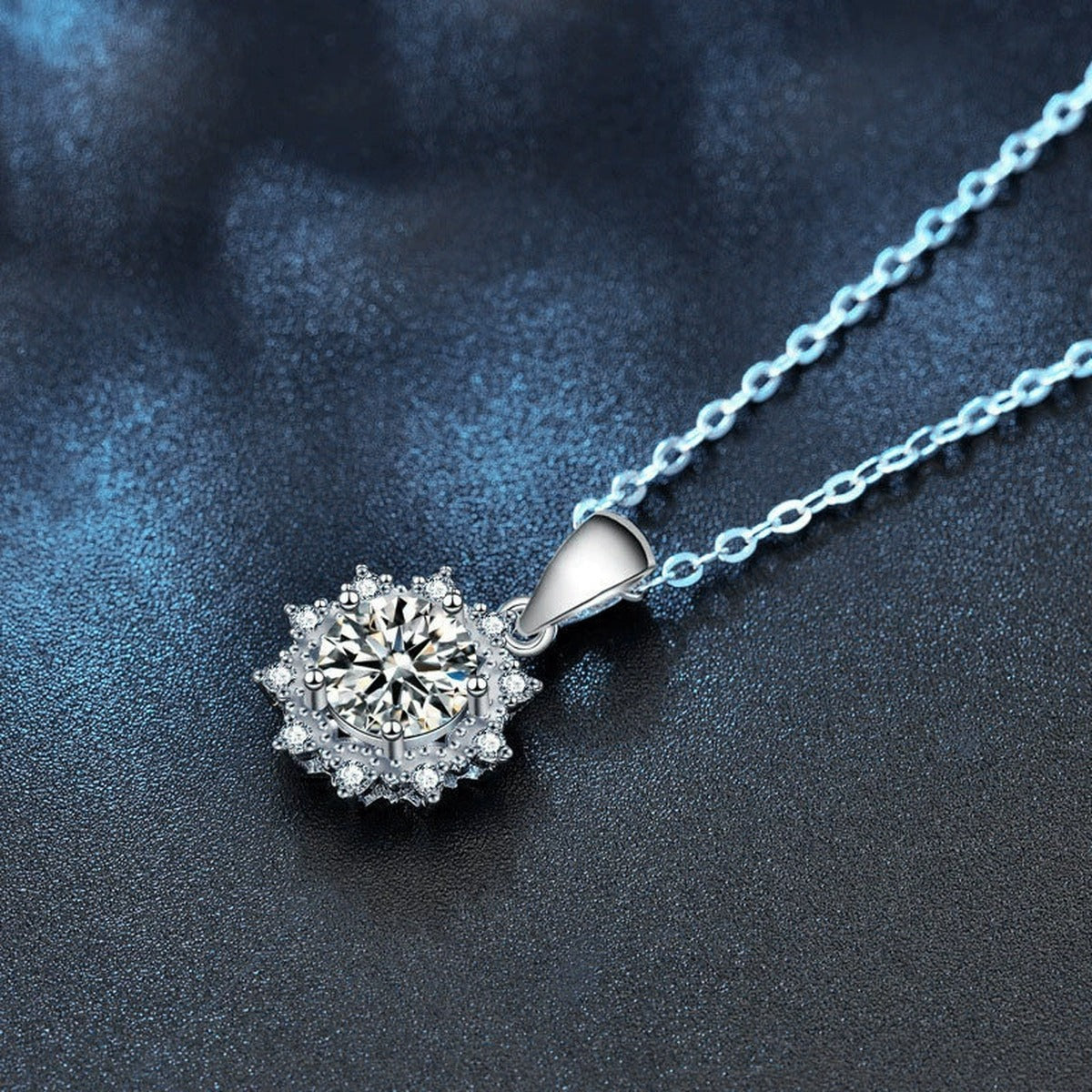 Sunflower Round Moissanite Necklace with CZ in White Gold-Plated S925 sterling silver blue display scene showing chain and stone layout
